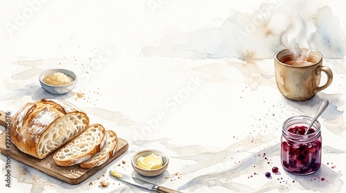 Watercolor breakfast with fresh bread jam butter and coffee with copy
