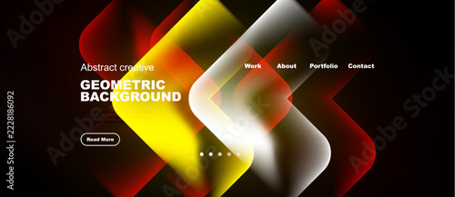Abstract geometric background features vibrant colors, shapes, text elements. Design includes navigation options, button for more info.