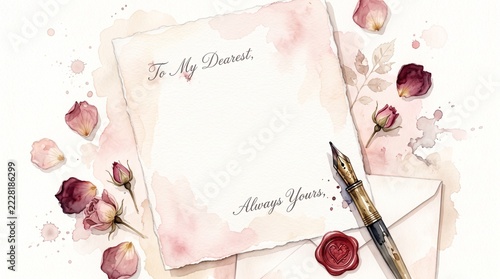 Watercolor letter with To My Dearest text and fountain pen on floral