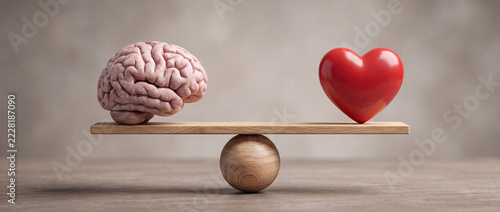 Brain and Heart Balanced on Scale Symbolizing Logic Versus Emotion