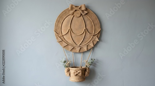 Handmade wicker and jute hot air balloon wall hanging decor for nursery room interior decoration