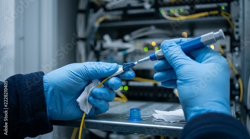 Technician inspecting fiber optic connector with precision tool in
