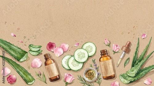 Watercolor aloe vera cucumber rose oil bottles on beige background