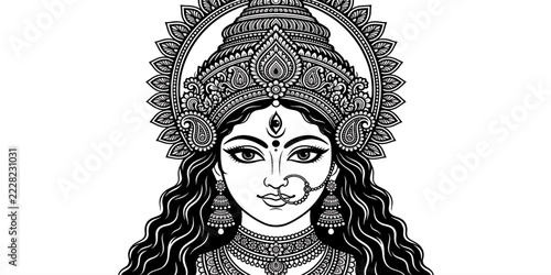 Fotografie Hindu Goddess Durga face in intricate black and white linework with traditional