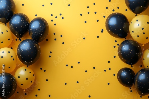 Black And Yellow Balloons Frame With Festive Confetti