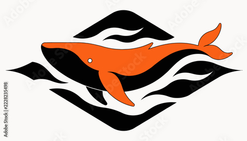 Stylized Orange Whale Swimming in Black Waves, Ocean Wildlife Icon, Abstract Marine Graphic