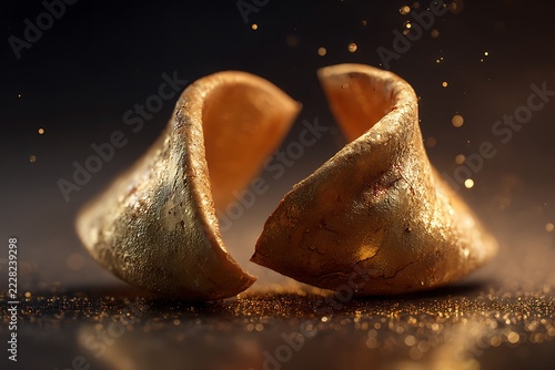 Golden fortune cookie halves with sparkling dust, creating a magical and enchanting atmosphere on a dark background.