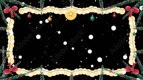 Festive Christmas border with ornaments and falling snow on black background for holiday videos