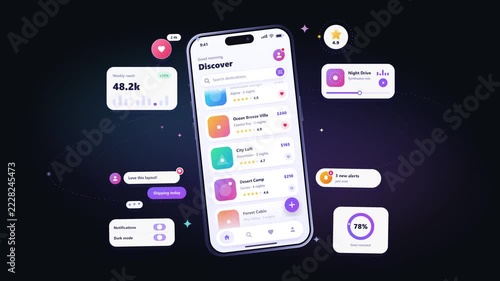 Modern smartphone with floating user interface widgets and application screens for digital design concept