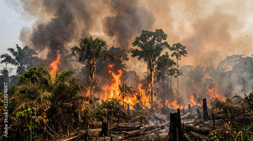 Severe wildfire burning through the dense Amazon rainforest with thick smoke and flames.