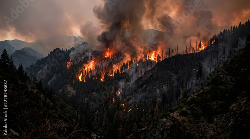 Massive wildfire burning through a dense pine forest on a mountain slope at sunset.
