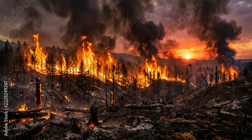 Massive forest wildfire burning through trees at sunset with thick black smoke rising into the sky.