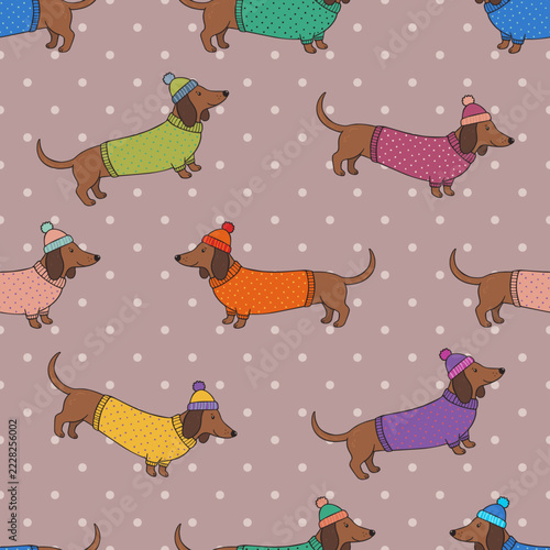 Seamless vector Pattern with Cute Dachshund Dogs Wearing Colorful Winter Sweaters and Hats on Polka Dot Background Vector Illustration
