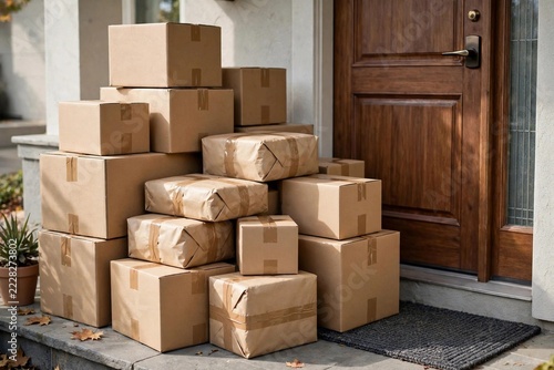 Cardboard Delivery Boxes Stacked by Front Door