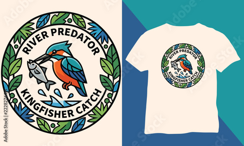 River Predator Kingfisher Catch Circular Emblem Logo Vector Design Featuring Bird Holding Fish with Leafy Foliage Border