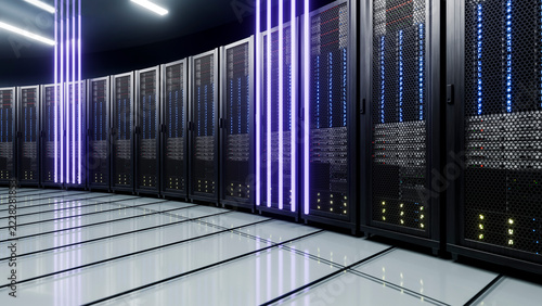 Modern data center row of illuminated server racks