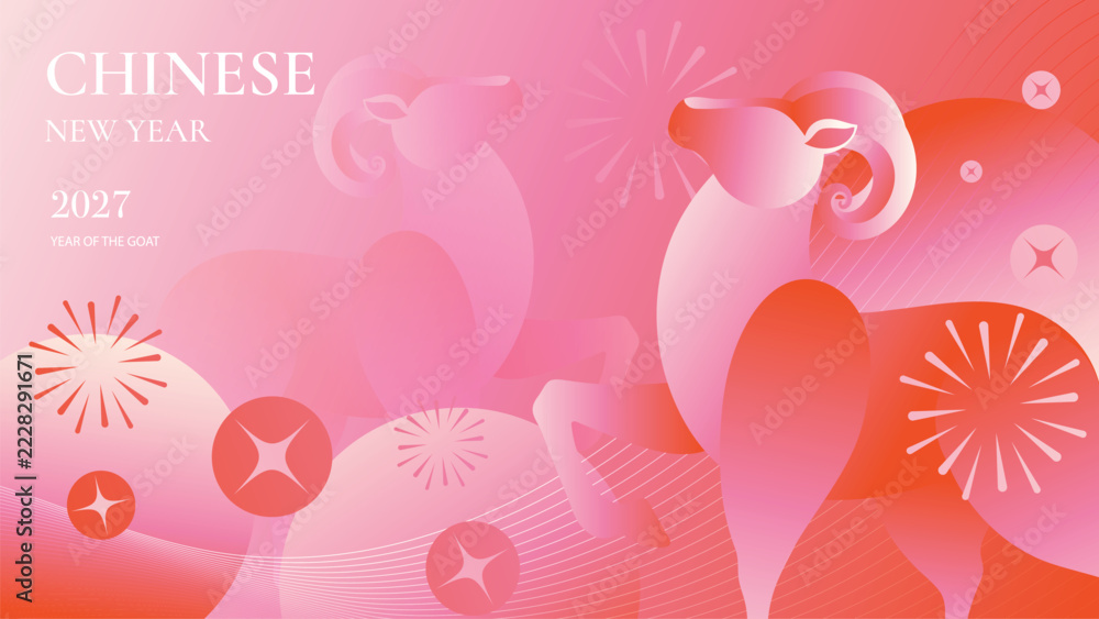 Naklejka premium Chinese New Year 2027 Goat Zodiac Vector Poster With Abstract Pink Animal Silhouette, Coral Gradient Fireworks and Modern Festive Background for Lunar Holiday Banner Design