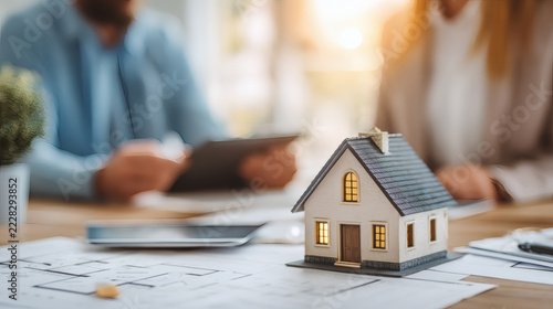 top-down composition showing real estate agent and couple engaged in property discussion, documents spread on white table including floor plans, 3D home model, and highlighted land map, bright 