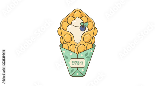 Photography Cute hand drawn bubble waffle illustration with ice cream and blueberry