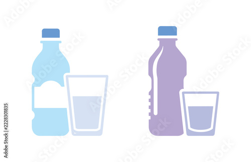 Water-themed vector glyph icon featuring a bottle of water alongside a full glass. This drinking water symbol stands alone on a white background. 