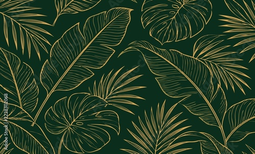 tropical leaf wallpaper elements, luxury nature leaves pattern design, golden banana leaf line arts, hand drawn outline design for fabric , print, cover, banner and invitation, vector illustration