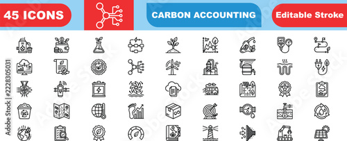 Carbon accounting line icon set featuring forty-five environmental and sustainability symbols in a professional vector format isolated on a white background