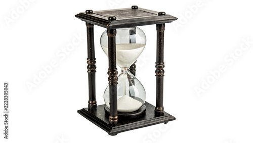 Fotografie Vintage ornate wooden hourglass measuring passing time with pouring white sand, isolated on transparent background