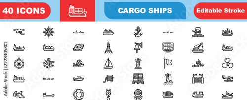 Cargo ships line icon set featuring forty-five essential maritime and logistics transport symbols in a clean vector style isolated on a white background