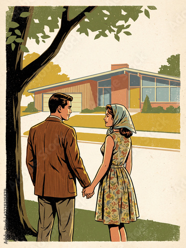 Beautiful charming vintage poster illustration of a happy young couple holding hands standing under a large green tree looking at their mid-century modern architectural suburban dream home.