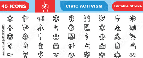 Collection of 45 civic activism vector icons with editable stroke representing social justice community engagement and protest symbols for modern graphic design isolated on white background