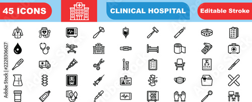 Collection of 45 clinical hospital vector icons with editable stroke representing medical equipment patient care and healthcare infrastructure symbols for modern medical design