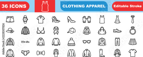 Set of 36 clothing apparel vector icons with editable stroke featuring fashion garments accessories and retail store symbols for e-commerce and lifestyle graphic design projects