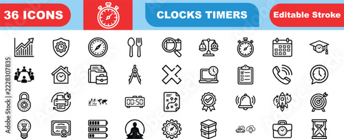 Collection of 36 clocks timers vector icons with editable stroke showcasing time management scheduling countdown and productivity symbols for digital interface design projects