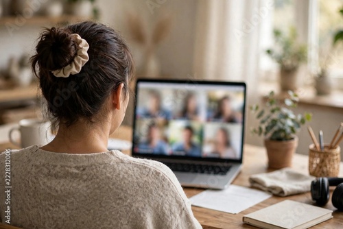 Laptop Showing Video Call in Home Office, Viewed from Behind