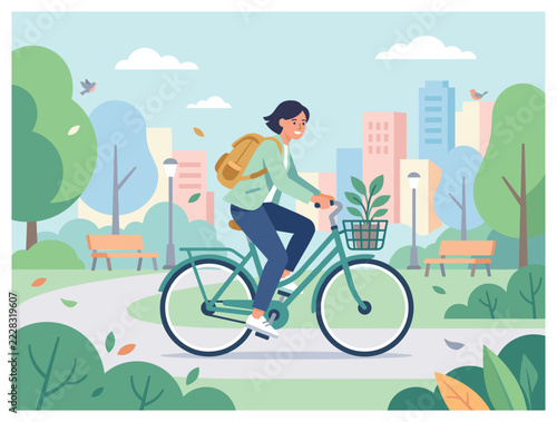 Eco transport editorial illustration with commuter bicycle backpack park path and trees for sustainable travel in soft flat vector style