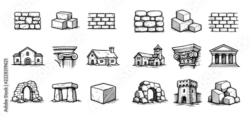 Architecture and heritage icon set with stone wall masonry pattern and solid form for infographic in sketch illustration