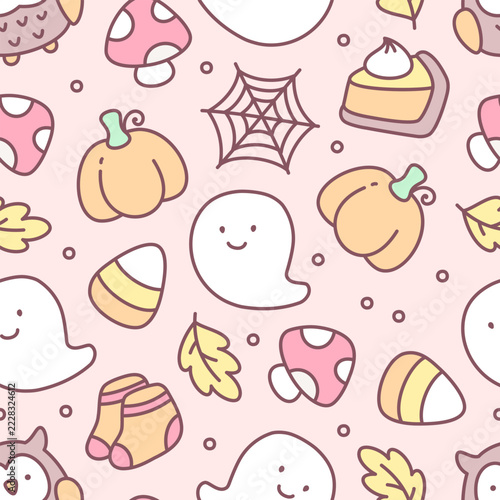 Kawaii Halloween pattern. Cozy seamless background with cute characters and autumn symbols: ghosts, ows, pumpkins, mushrooms, leaves, spider webs ets. in soft pastel colors. Vector 10 EPS.