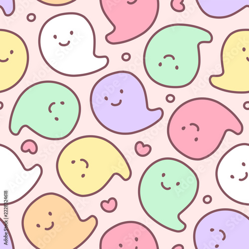 Kawaii Halloween pattern. Funny seamless background of cute smiling colorful ghosts with rounded shapes and pastel colors. Vector 10 EPS.