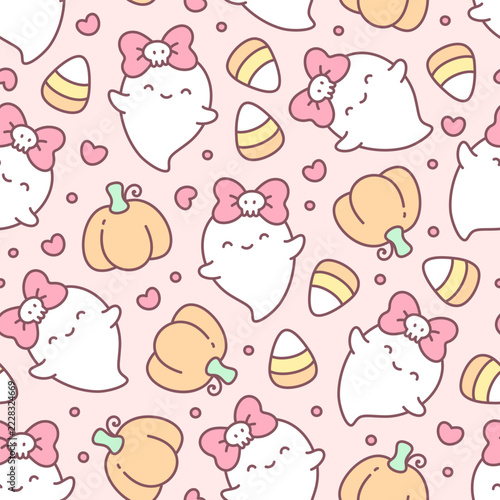 Kawaii Halloween pattern. Girly seamless background of cute ghost, pumpkins, corn candies and little hearts in a soft hand drawn style with rounded shapes and pastel colors. Vector 10 EPS.