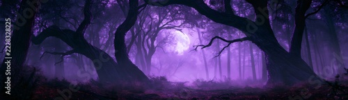 Eerie night forest with full purple moon and fog