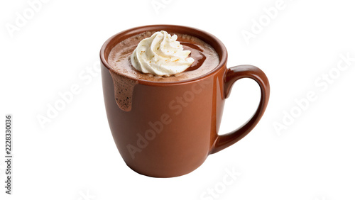 Classic brown ceramic coffee mug filled with hot chocolate whipped cream, isolated on transparent background.