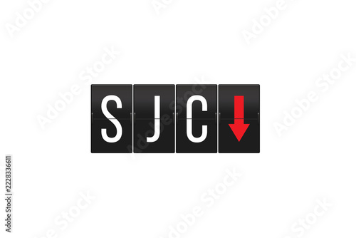 SJC San Jose International Airport code displaying on a retro flip clock panel with a downward arrow, representing arrival or descent, on a transparent background
