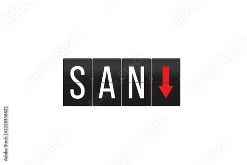 Airport mechanical split flap display showing the letters SAN and a red downward pointing arrow, symbolizing arrivals or a decline, on a transparent background