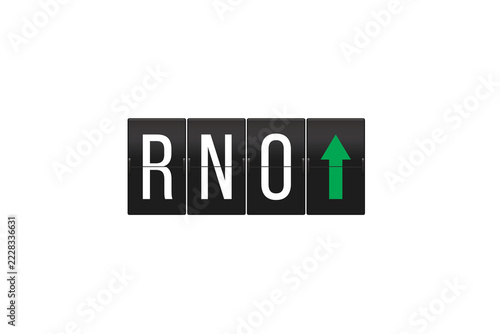 RNO airport code displayed on a classic split-flap board, a green arrow indicating upward movement or arrival, presented on a transparent background for versatile use