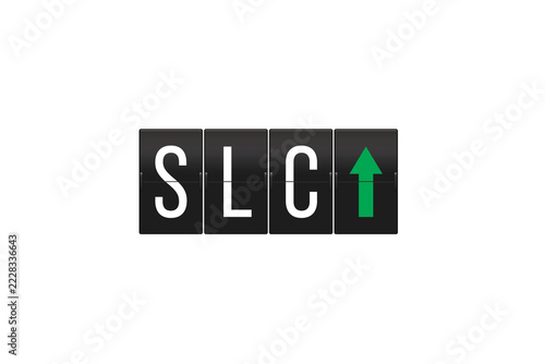 Salt Lake City airport split-flap display showing the destination code SLC with a green upward arrow, symbolizing departures and travel, on a transparent background