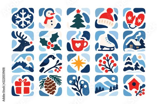 Winter holiday flat illustration set featuring 20 cozy Christmas icons, including snowflake, snowman, Christmas tree, Santa hat, mitten, reindeer, holly, hot cocoa, ice skate, winter cabin, mountain, 