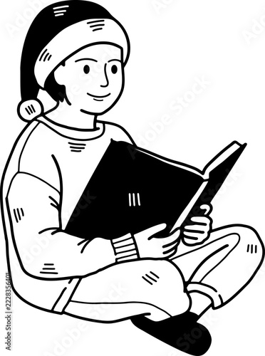 black and white illustration of A boy wearing a Santa hat is reading a book