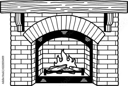 black and white illustration of A fireplace with a lit fire