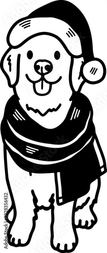 black and white illustration of A dog wearing a Santa hat and a scarf