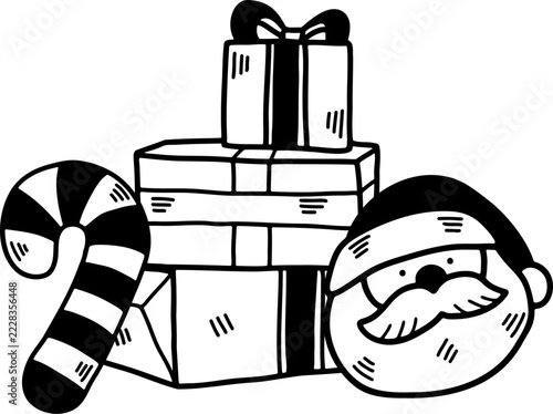 black and white illustration of A pile of Christmas gifts